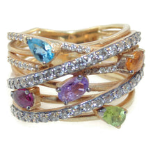 Load image into Gallery viewer, Statement Ring in 14k Yellow Gold Open Design with Amethyst Blue Topaz Peridot Citrine Garnet and Diamonds by LE VIAN