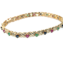 Load image into Gallery viewer, Vintage Estate 14K Yellow Gold Emerald Ruby Sapphire Tennis XO Bracelet
