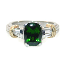 Load image into Gallery viewer, Green Tsavorite Garnet Cushion Ring with a Baguette Diamond in 18k Yellow Gold and Platinum