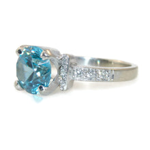 Load image into Gallery viewer, Blue Zircon Round Stone Ring with Diamond Accents in 14k White Gold