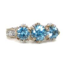 Load image into Gallery viewer, Blue Zircon 3-Stone Ring with Diamonds in 14k Two-Tone Gold