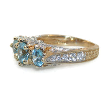 Load image into Gallery viewer, Blue Zircon 3-Stone Ring with Diamonds in 14k Two-Tone Gold