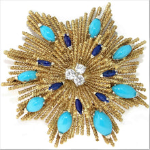 Load image into Gallery viewer, Vintage Statement Star Burst Diamond Turquoise and Lapis Lazuli Brooch in 18k Yellow Gold