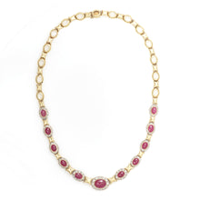 Load image into Gallery viewer, 18k Yellow Gold Oval Cabochon Ruby and Halo Diamond Bib Choker Necklace in 16 Inches
