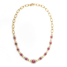 Load image into Gallery viewer, 18k Yellow Gold Oval Cabochon Ruby and Halo Diamond Bib Choker Necklace in 16 Inches