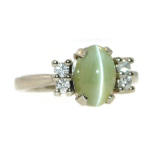 Load image into Gallery viewer, Estate Green Cat&#39;s Eye and Diamond Ring in White Gold
