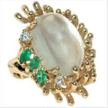 Load image into Gallery viewer, Moonstone Emerald Diamond Ring in 14k Yellow Gold