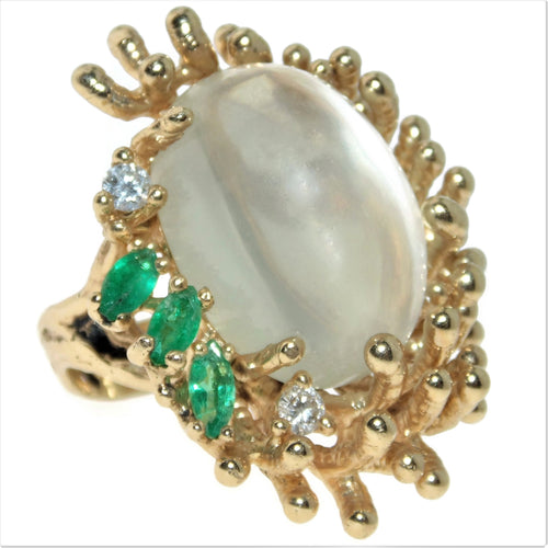 Moonstone Emerald Diamond Ring in 14k Yellow Gold