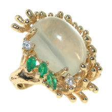Load image into Gallery viewer, Estate Modernist Moonstone Emerald Diamond Ring in 14k Yellow Gold
