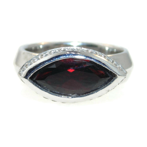 Red Marquise Garnet Ring with Diamond Halo in Platinum