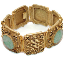 Load image into Gallery viewer, Antique Jade Carved Rounds Wide Panel Bracelet with Chinese Proverbs in Gold Plated
