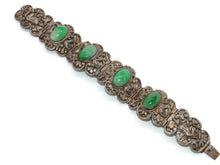 Load image into Gallery viewer, Vintage Ornate Green White Jade Bracelet in Sterling Silver Carved
