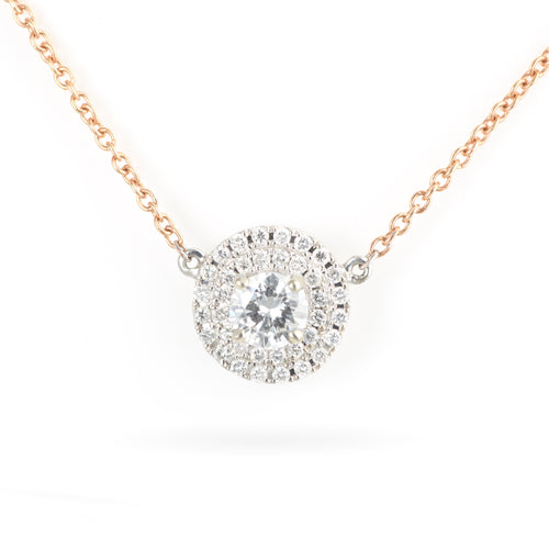 Rose and White Gold Diamond Halo Necklace