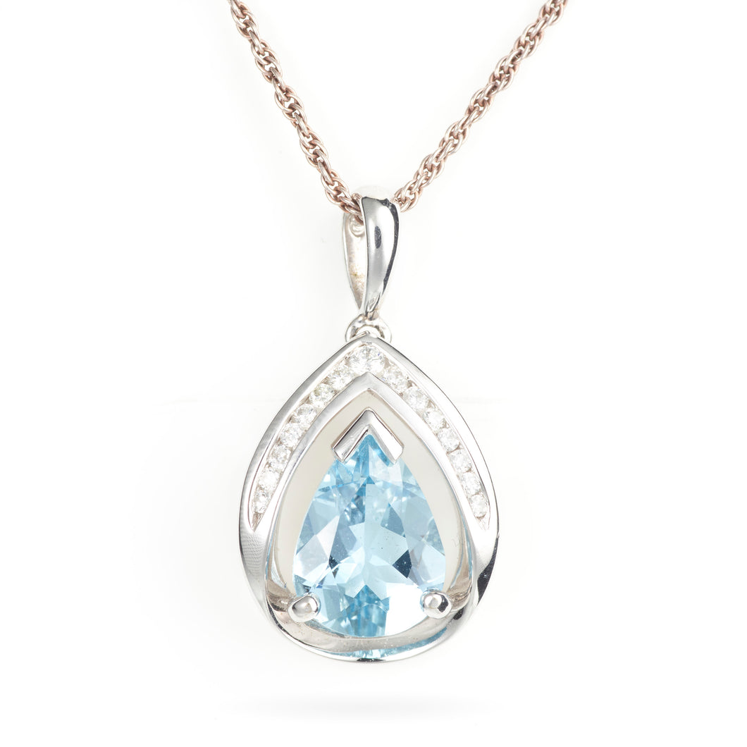 Pear Shape Aquamarine Diamond Pendant in 14k White Gold