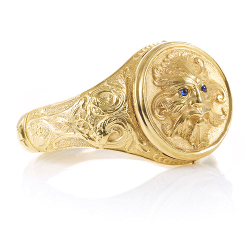 Yellow Gold Hand Carved Bracelet Bangle with Blue Sapphires