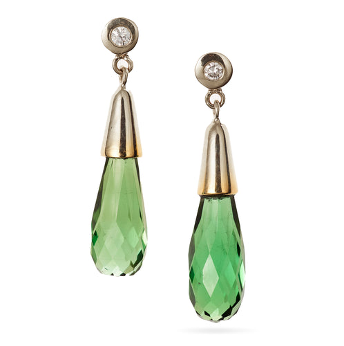 Green Tourmaline and Diamond Dangle Earrings