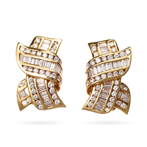 Estate Ribbon Style Diamond Earrings in 14k Yellow Gold