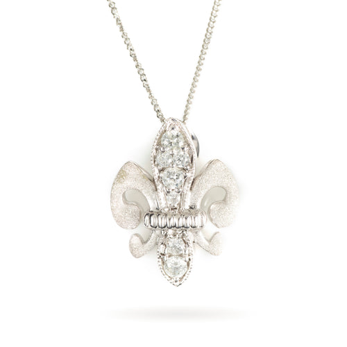 Fleur De Lis Diamond Pendant Necklace in 14k White Gold
