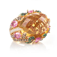 Load image into Gallery viewer, 18K Yellow Gold Citrine Ring with Pink Sapphire, Tsavorite Garnet, Champagne and White Diamonds