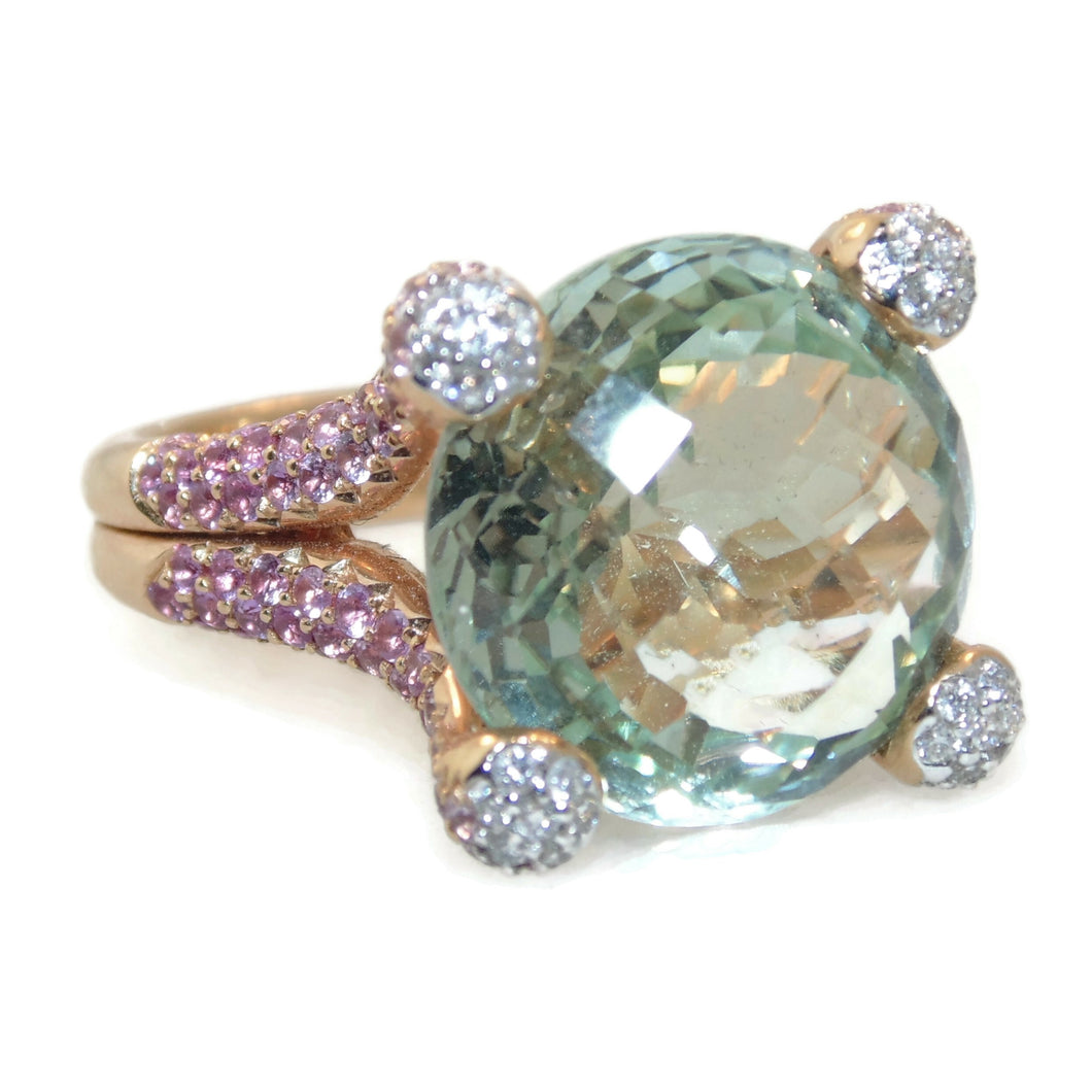 Statement Green Amethyst Diamonds Pink Sapphires Ring in 18k Yellow Gold