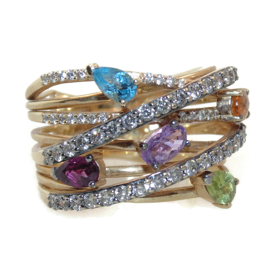Statement Ring in 14k Yellow Gold Open Design with Amethyst Blue Topaz Peridot Citrine Garnet and Diamonds by LE VIAN