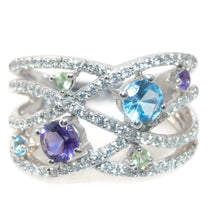 Load image into Gallery viewer, Statement Ring in 14k White Gold Open Design with Amethyst Blue Topaz Peridot and Diamonds
