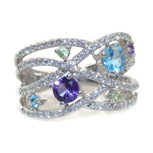 Load image into Gallery viewer, Statement Ring in 14k White Gold Open Design with Amethyst Blue Topaz Peridot and Diamonds
