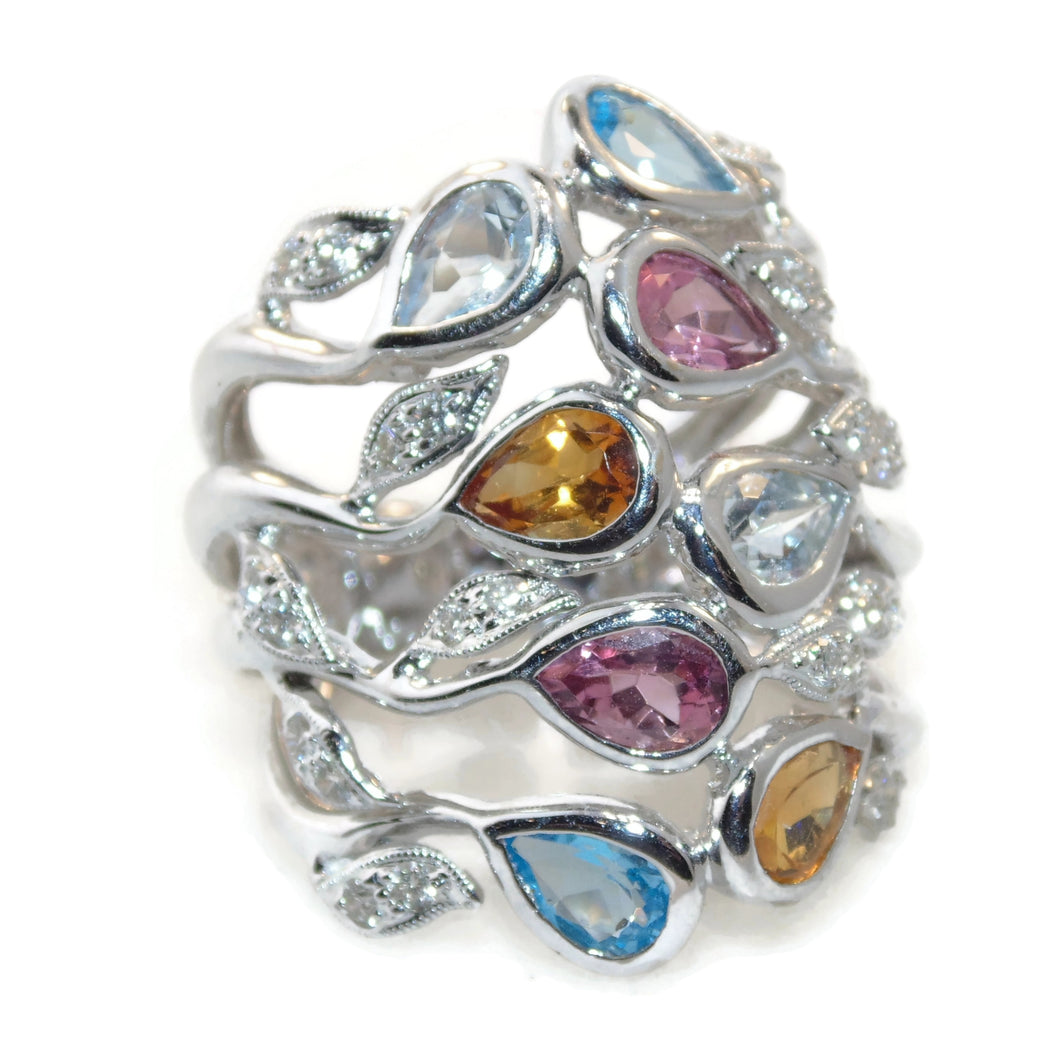 Statement Ring in 14k White Gold Open Design with Amethyst Blue Topaz Citrine Aquamarine Diamonds