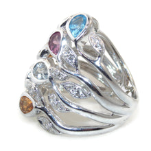 Load image into Gallery viewer, Statement Ring in 14k White Gold Open Design with Amethyst Blue Topaz Citrine Aquamarine Diamonds
