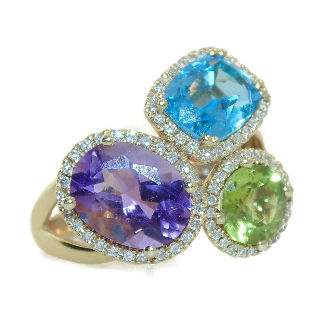 Multi Colored Amethyst Blue Topaz Peridot Diamonds Ring in 14k Yellow Gold
