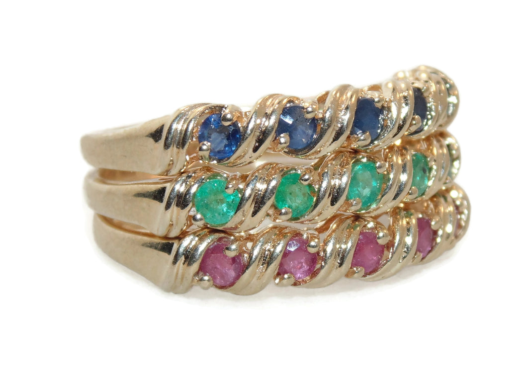 Sapphire Emerald Ruby Stackable 3 Rings Set in 14k Yellow Gold