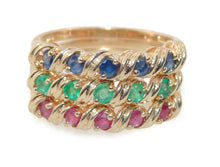 Load image into Gallery viewer, Sapphire Emerald Ruby Stackable 3 Rings Set in 14k Yellow Gold
