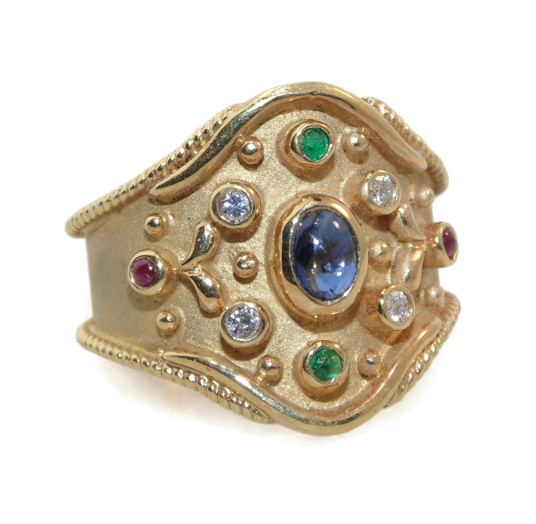 Vintage Estate Ornate Wide 22k Yellow Gold Ruby Emerald Sapphire Diamond Ring