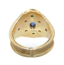 Load image into Gallery viewer, Vintage Estate Ornate Wide 22k Yellow Gold Ruby Emerald Sapphire Diamond Ring
