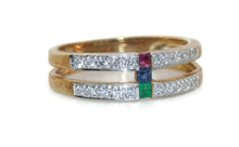 Load image into Gallery viewer, Vintage Split Shank Diamond, Emerald, Sapphire and Ruby Ring in 18k Yellow Gold
