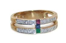 Load image into Gallery viewer, Vintage Split Shank Diamond, Emerald, Sapphire and Ruby Ring in 18k Yellow Gold
