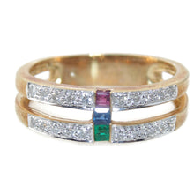 Load image into Gallery viewer, Vintage Split Shank Diamond, Emerald, Sapphire and Ruby Ring in 18k Yellow Gold

