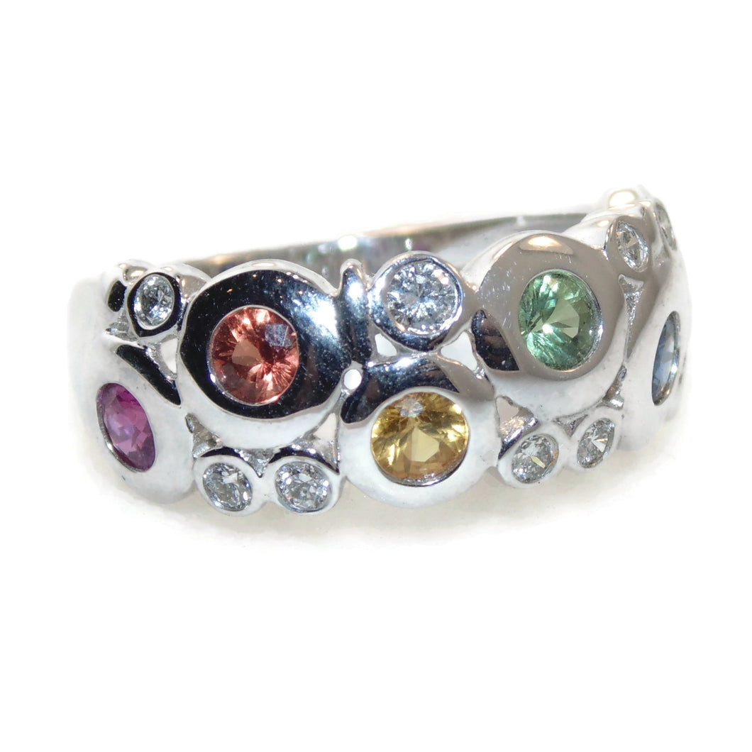 Multi Colored Sapphire Diamond Ring in 14k White Gold