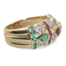 Load image into Gallery viewer, Vintage 14k Yellow Gold Ruby, Emerald Sapphire Diamond Ring
