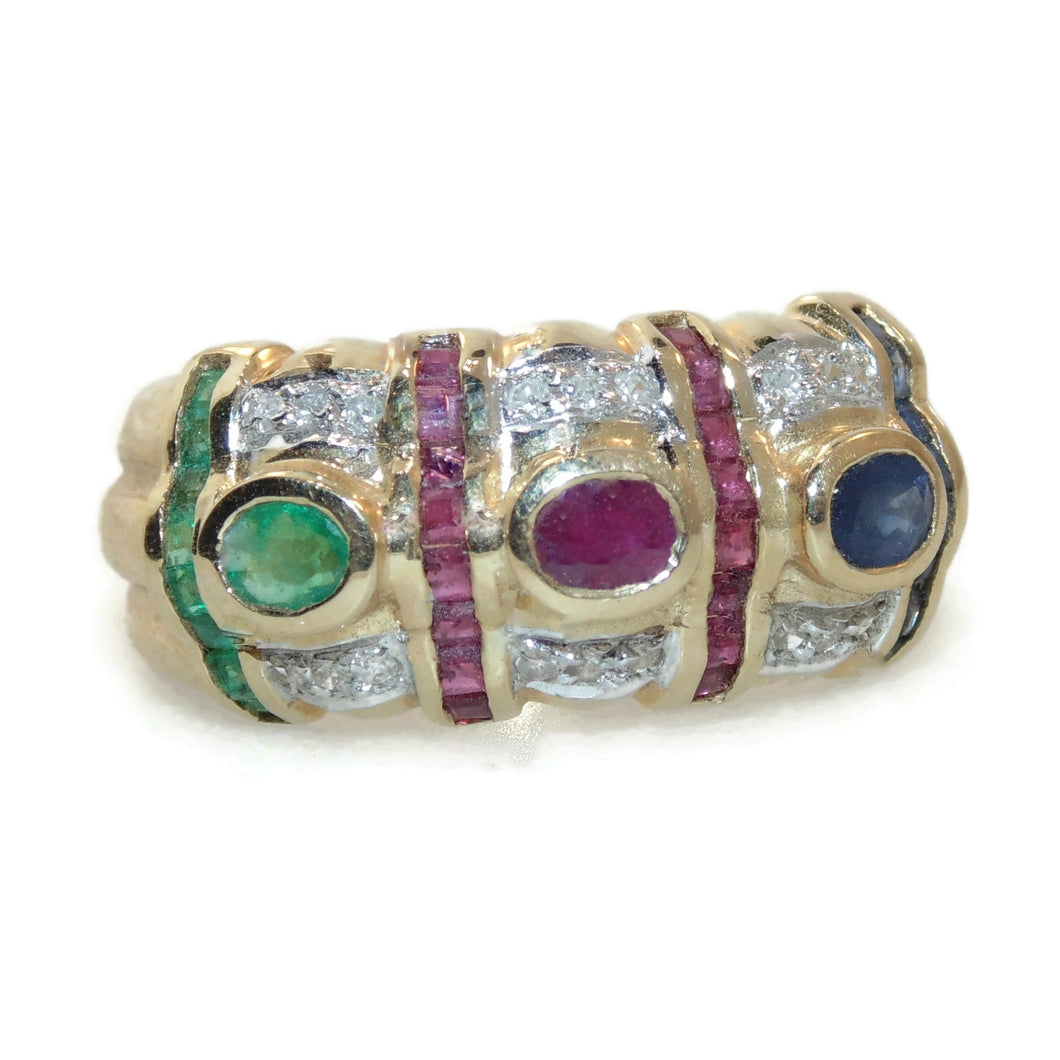 Vintage 14k Yellow Gold Ruby Emerald Sapphire Diamond Ring