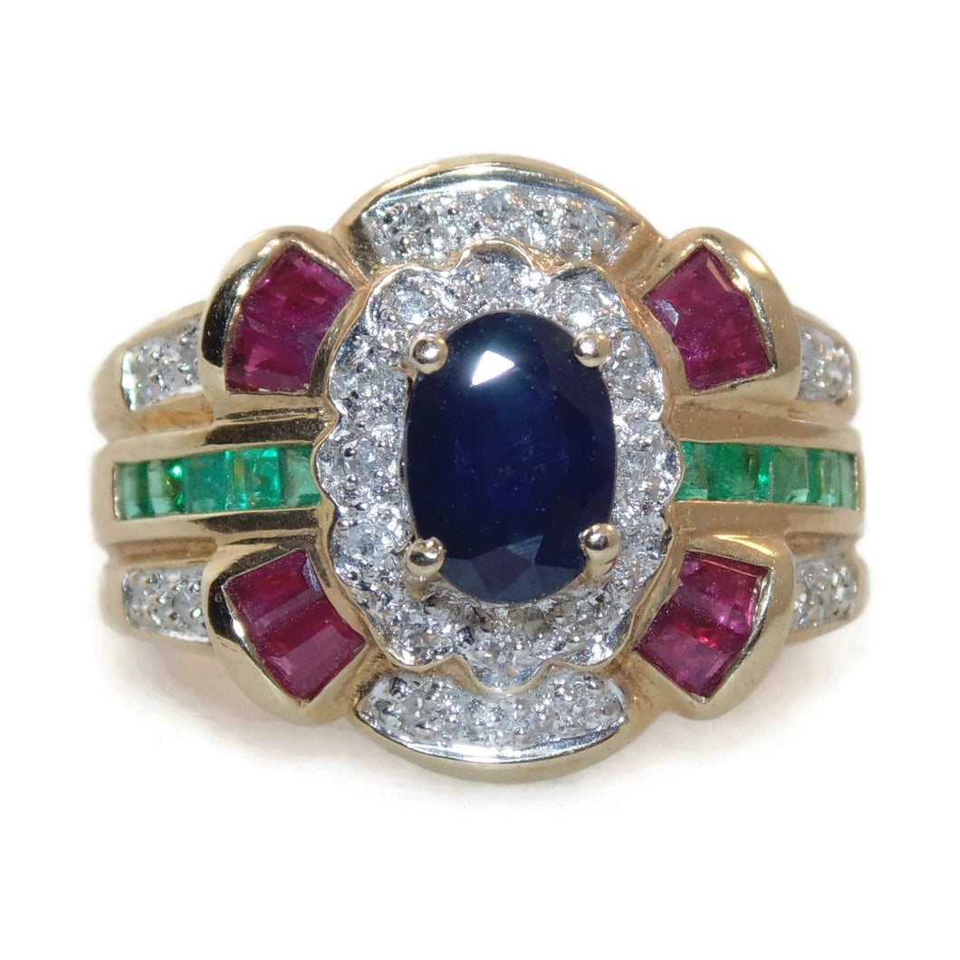 Vintage 14k Yellow Gold Ruby Emerald Sapphire Diamond Ring