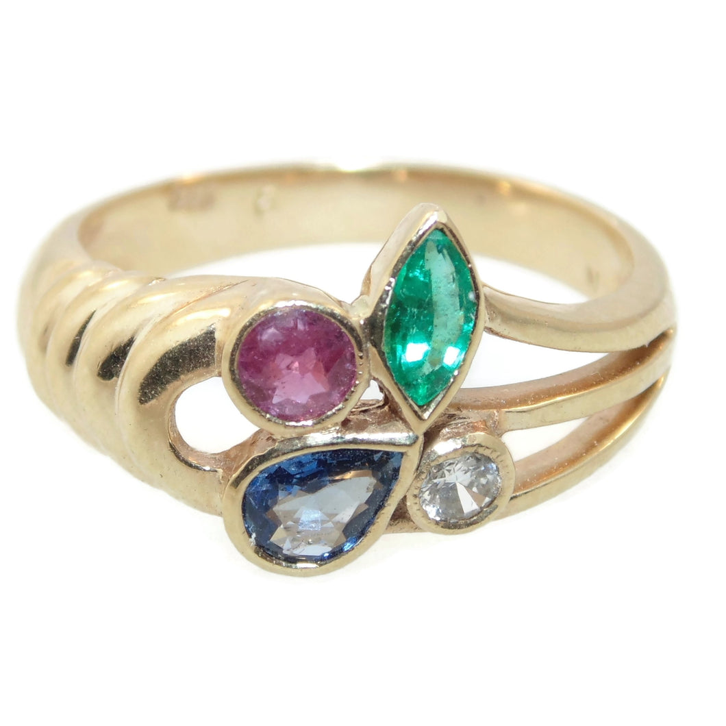 Vintage 4 Stone Ruby Emerald Sapphire Diamond Ring in 14k Yellow Gold