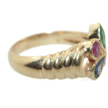 Load image into Gallery viewer, Vintage 4 Stone Ruby Emerald Sapphire Diamond Ring in 14k Yellow Gold
