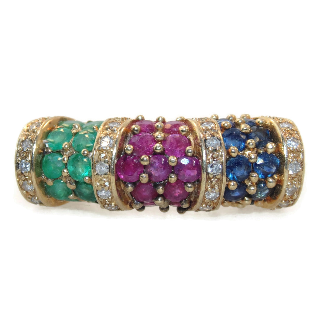 Vintage 14k Yellow Gold Ruby Emerald Sapphire Diamond Ring
