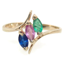 Load image into Gallery viewer, Vintage 3 Stone Ruby Emerald Sapphire Ring in 14k Yellow Gold
