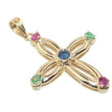 Load image into Gallery viewer, Vintage Estate Emerald Ruby Sapphire Open Works Cross Pendant in 14k Yellow Gold
