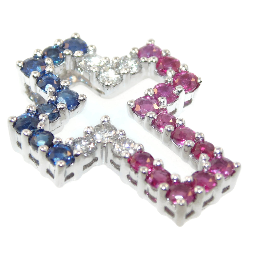 Sapphire Ruby Diamond Open Cross Pendant in 14k White Gold