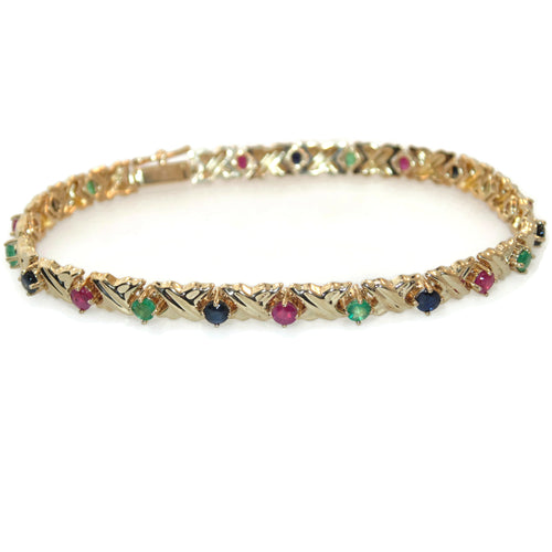 Yellow Gold Emerald Ruby Sapphire Tennis XO Bracelet
