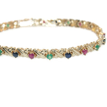 Load image into Gallery viewer, Vintage Estate 14K Yellow Gold Emerald Ruby Sapphire Tennis XO Bracelet
