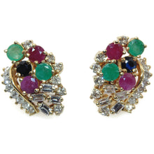 Load image into Gallery viewer, Vintage Estate Emerald Ruby Sapphire Diamond Post Earrings in 14k Yellow Gold
